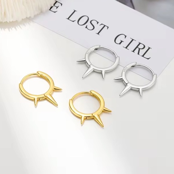 Kate Spade Inspired Solid Silver 18K Gold Plated Spike Hoop Earrings - Picture 2 of 6